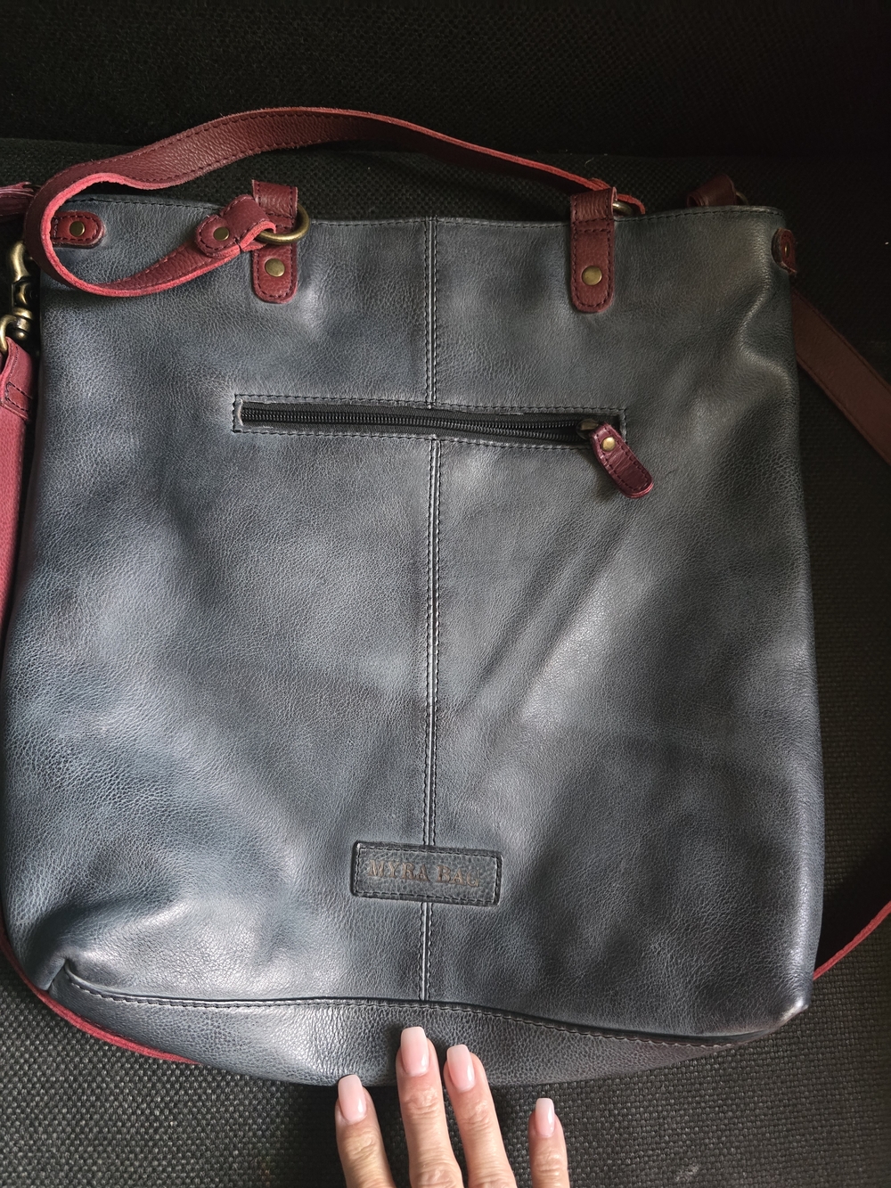 MYRA Soft Stylish Two-Tone Leather Women’s Tote - Navy with Burgundy Accents
